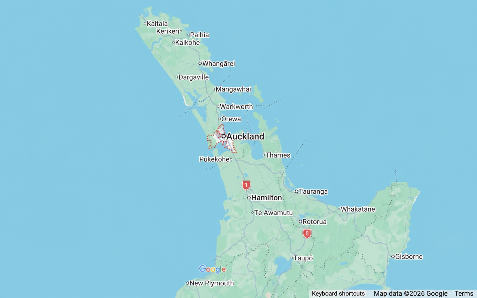 Static map showing Auckland and the surrounding SkyWash service area